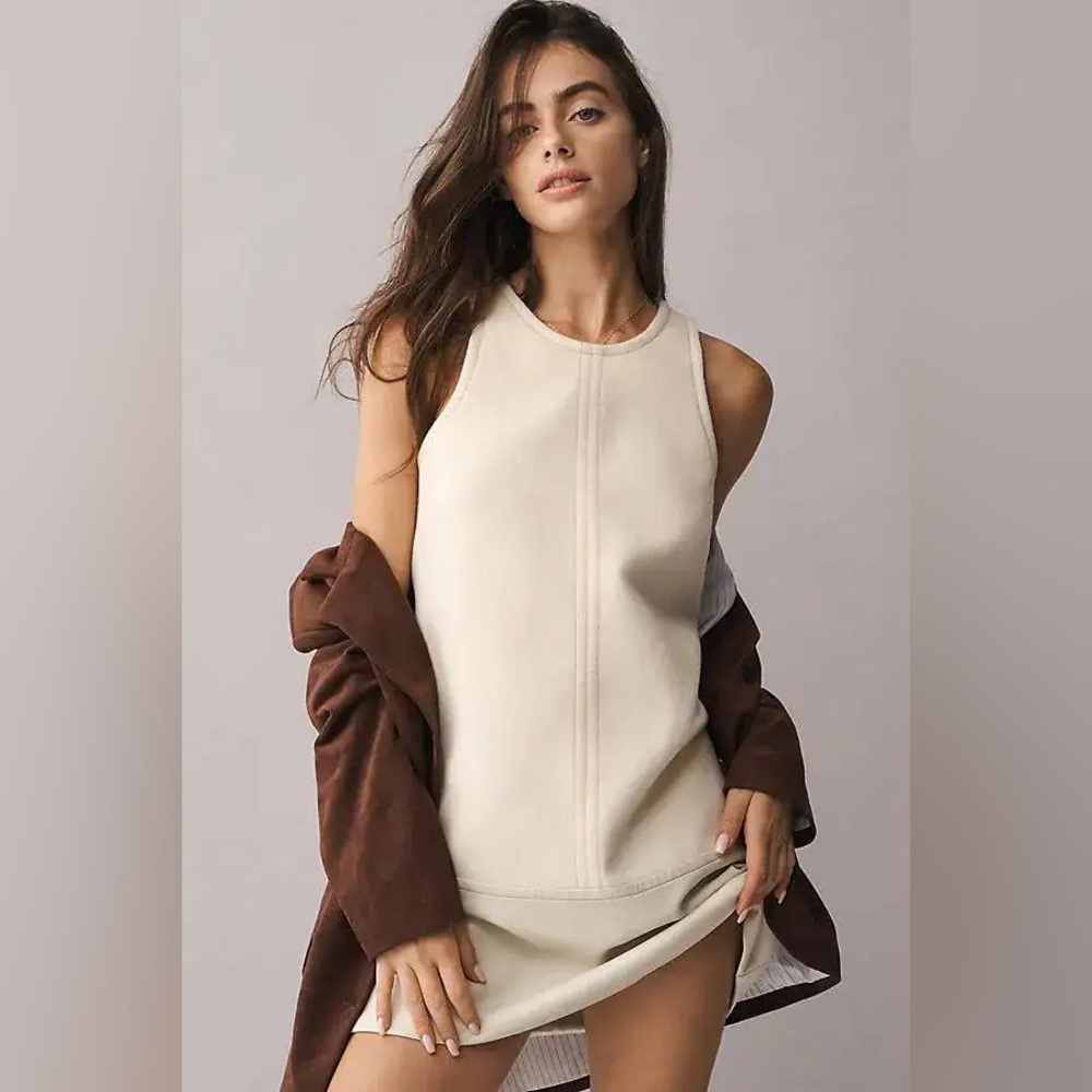 Anthropologie Cream Sleeveless Shift Dress w/ Faux Leather Hem LP - Picture 1 of 8